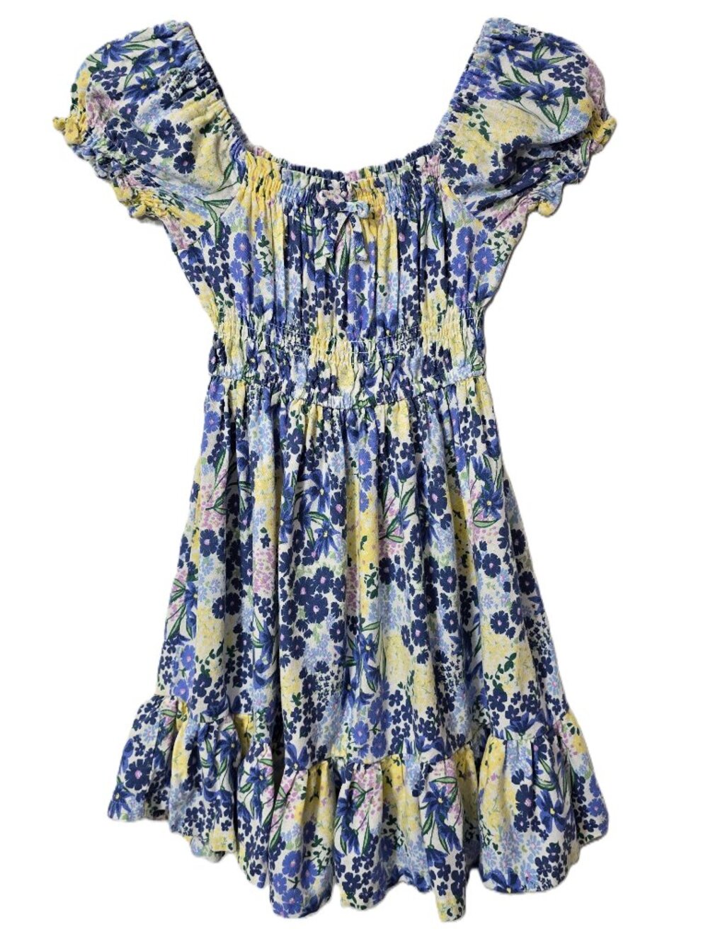 Miss Mango Linen Twirl Dress 8 Girl Smocked Puff Sleeve Floral Blue Cottage Core
